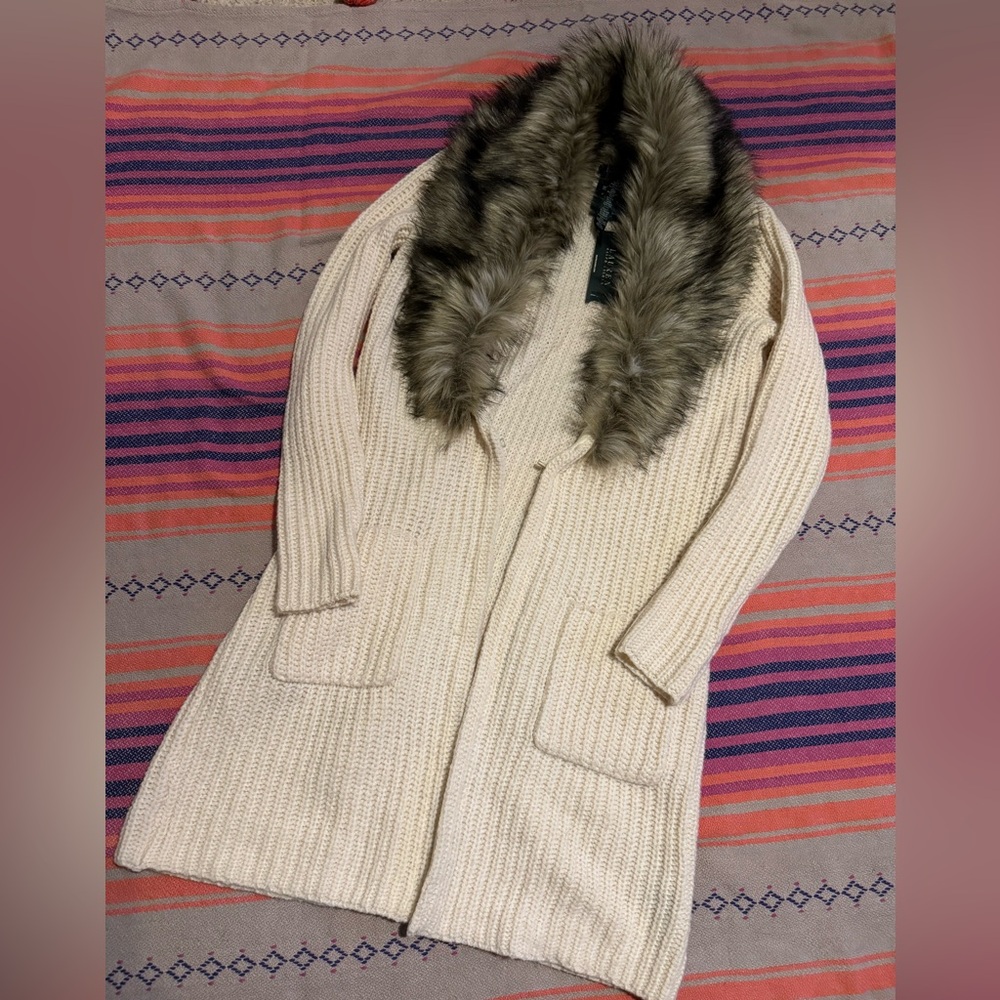 Lauren Ralph Lauren Cream Knit Cardigan with Faux Fur Collar